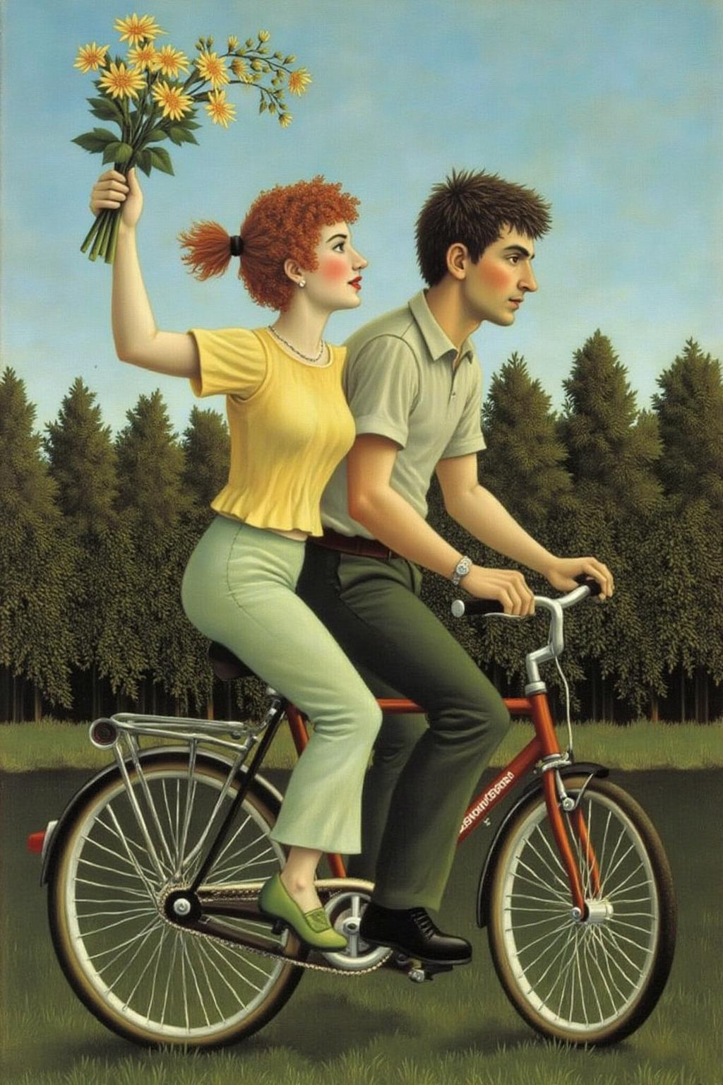 henrirousseau2 painting.
 qub1. Scene of a couple riding a bicycle. The woman, with short, curly red hair in a ponytail, is wearing a yellow short-sleeved shirt, light green pants, and green shoes. She is sitting on the handle bar of the bicycle, turning her head to look back at the man, She is holding a flowers up into the air. The man is riding the bicycle and staring at the woman. 
 <lora:henrirousseau2_cap_d6a3:1.0><lora:834033239862638233:0>