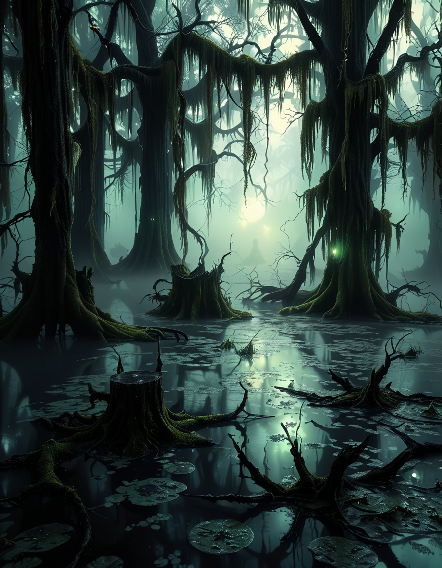 A demonic fairy woman sitting gracefully in an ominous swamp,0m1n0us sw4mp. She has a hauntingly beautiful appearance, with translucent, tattered wings resembling those of an insect, glowing faintly in a dark, eerie hue. Her skin is pale with subtle, intricate patterns like magical runes etched into it, and her eyes glow with an unsettling red or violet light. She wears an ethereal, dark gown made of shredded, otherworldly fabric that appears to flow like smoke, blending with the mist of the swamp. Her hair is long, wild, and black with streaks of silvery white, floating slightly as if affected by unseen magical energy.
The swamp around her is dark and foreboding, with twisted, gnarled trees reaching out like claws. The water is murky, reflecting a pale, sickly green glow from bioluminescent plants and fungi scattered throughout. The air is filled with a faint, ghostly mist, and strange, faint lights hover in the background, adding a mystical atmosphere. The lighting is dim, with a soft, ethereal glow illuminating the fairy woman from below, contrasting with the deep shadows of the swamp. The mood is dark, mysterious, and magical, evoking both beauty and menace.<lora:SDXLFaeTastic2400:0.4> <lora:extremely_detailed:0.4> extremely detailed, <lora:0m1n0us_sw4mp:1>, Masterpiece,best quality,hi res,8k,hi res,8k,award winning,(sharp focus, intricate, highly detailed),