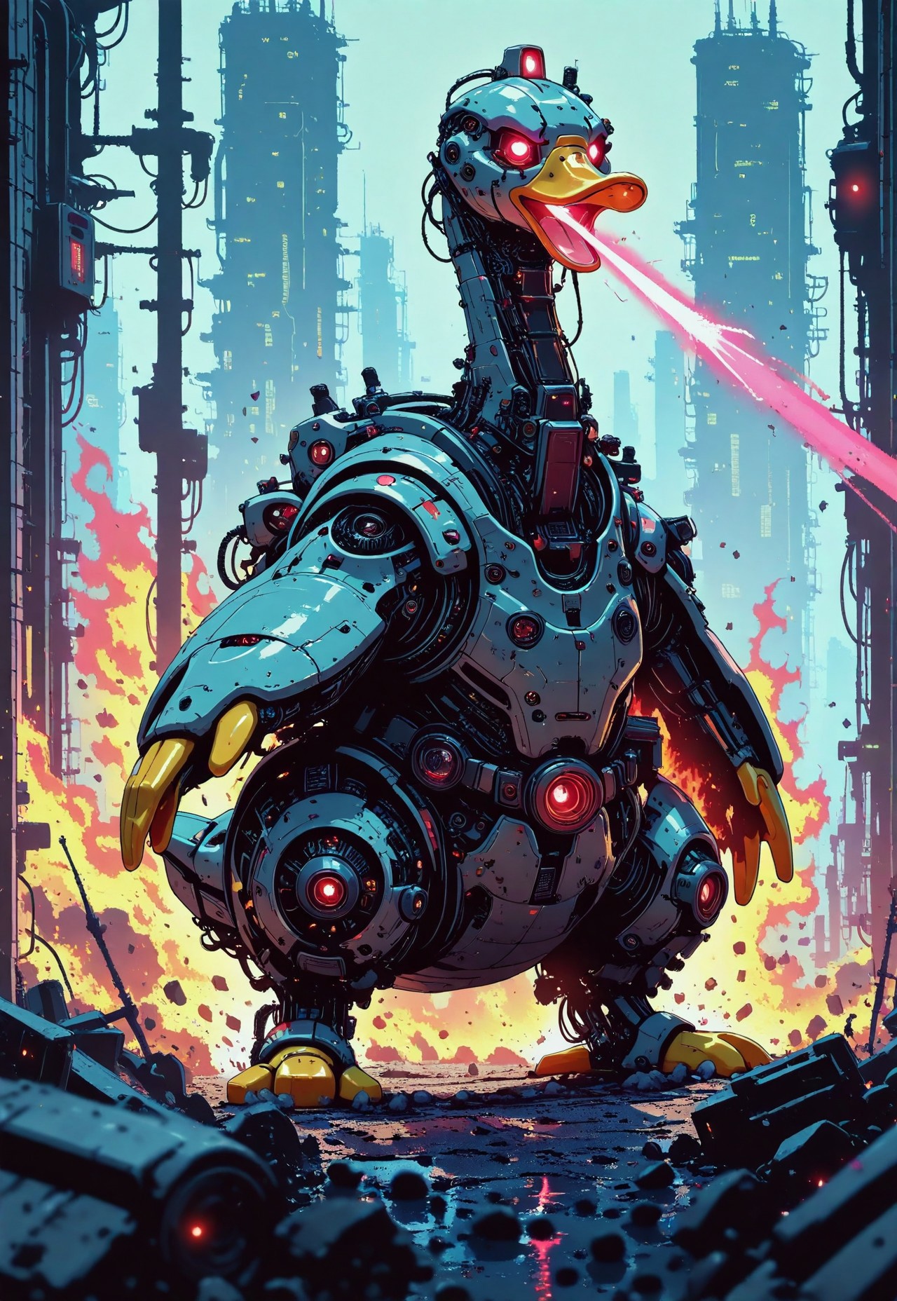 cybernetic duck, animal focus, oversized animal, huge duck, full body, red glowing eyes, shooting laser beam from beak, standing in cybercity, junction, utility pole, destroyed cars,  solo, no humans, burning skyscrapers in background, debris, apocalyptic scenery, destruction, science fiction,  (scene reference), anime screencap,  painterly, volumetric lighting, no line art, no outline, portrait, depth of field, photo (medium), fine art, masterpiece, best quality, good quality, very awa, very aesthetic, absurdres, newest, 8k, high contrast, in the style of cknc