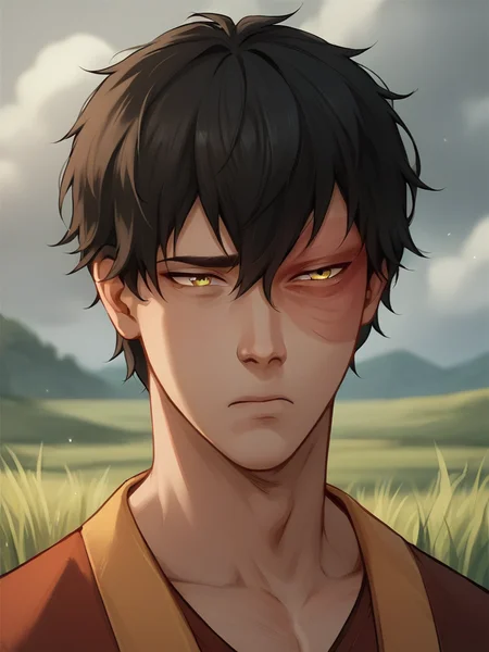 score_9, score_8_up, score_7_up, score_6_up, score_5_up, score_4_up, source_anime, portrait of Zuko man, black hair, yellow eyes, sad, dark lighting, grassy plains background <lora:Zuko-000002:1>