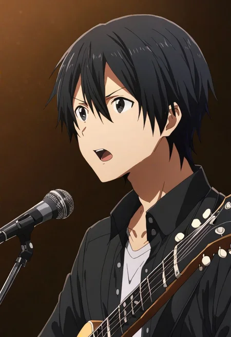high resolution, solo, best quality, 1Boy, Kazuto Kirigaya, Black Hair, Black Eyes, singing, portrait, dept of field, virtual concert, playing musical instrument, OverallDetail