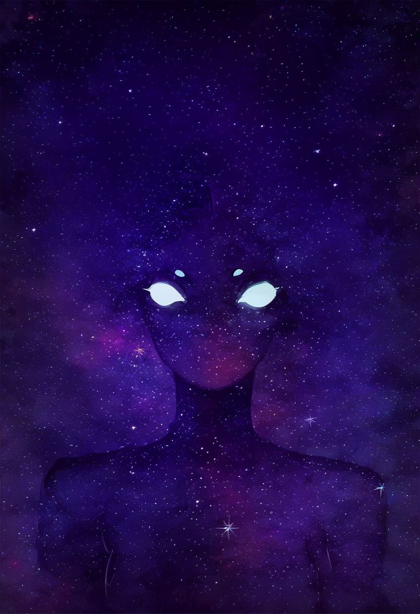 zPDXL2, score_9, score_8_up, score_7_up, score_6_up, score_5_up, score_4_up, Score_9, score_8_up, score_7_up, score_6_up, , , black silhouette, galaxy, glowing white eyes, no mouth