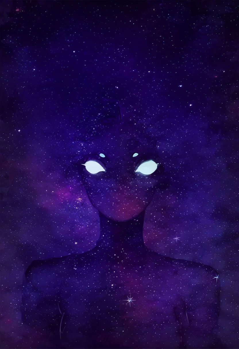zPDXL2, score_9, score_8_up, score_7_up, score_6_up, score_5_up, score_4_up, Score_9, score_8_up, score_7_up, score_6_up, , , black silhouette, galaxy, glowing white eyes, no mouth