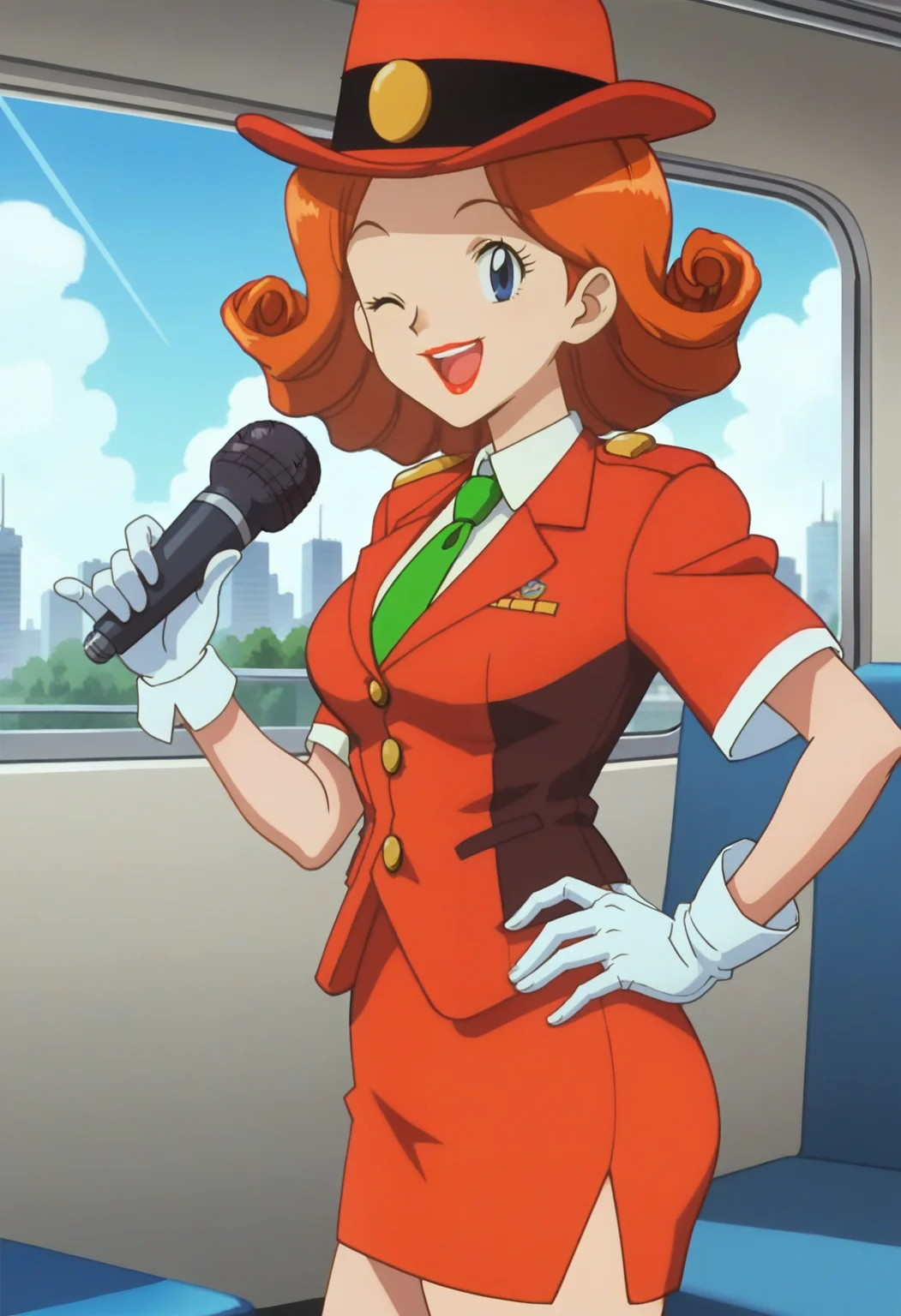score_9, score_8_up, score_7_up, score_6_up, anime screencap, anime coloring, <lora:PMTG-000009:0.8>, PMTG, blue eyes, lipstick, short hair, orange hair, breasts, 
top hat, red headwear, uniform, red jacket, short sleeves, shirt, white gloves, green necktie, red skirt, pencil skirt, 
smile, standing, holding, microphone, open mouth, solo, looking at viewer, one eye closed, from side, hand on own hip, 
BREAK day, sunlight, blue sky, cityscape, bus interior,