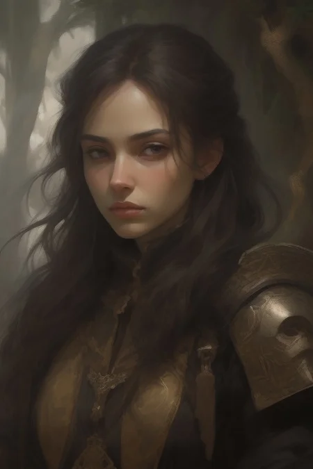 Only the upper body above the shoulders. Hyper-realistic close-up portrait of a medieval young woman with jet-black hair that frames her pale face, Wearing a traditional medieval dress with woven patterns along the edges, made of blue, gold, and black fabric. A small sparrow sits comfortably on her shoulder, its tiny eyes bright and alert. Her gaze is soft and thoughtful, drawing attention to the fine details of her features. The background is the edge of a forest.