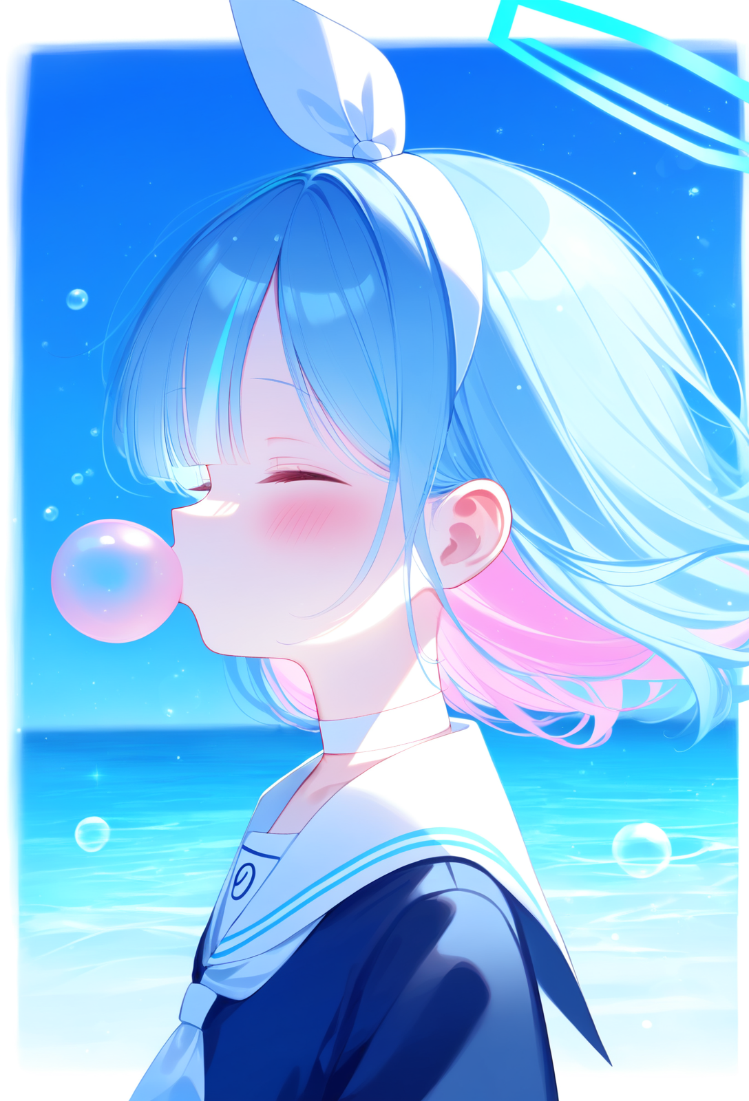 arona (blue archive), 1girl, solo, blush, short hair, shirt, long sleeves, holding, (blue hair:1.1), uniform, upper body, closed eyes, streaked hair, (pink hair:0.8), multicolored hair, hairband, choker, serafuku, sailor collar, halo, from side, profile, blue shirt, colored inner hair, white sailor collar, bubble, white hairband, white choker, bubble blowing
 <lora:hstoigaf_pony_v3_autism_base_cherrypick:1>