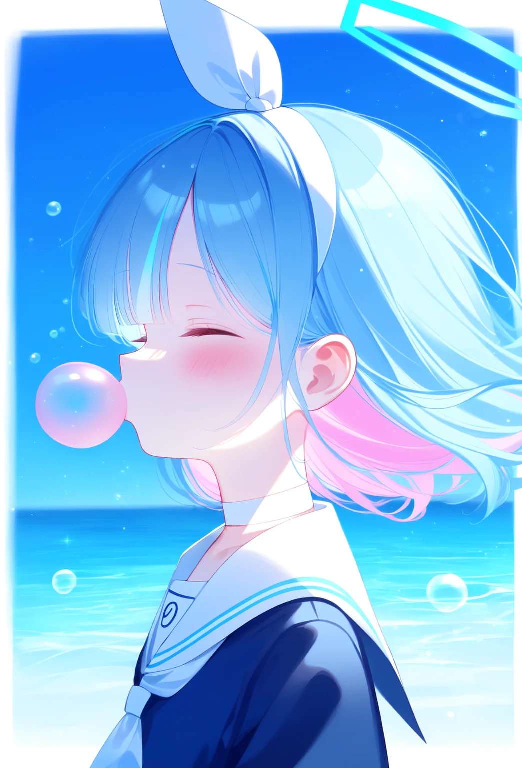 arona (blue archive), 1girl, solo, blush, short hair, shirt, long sleeves, holding, (blue hair:1.1), uniform, upper body, closed eyes, streaked hair, (pink hair:0.8), multicolored hair, hairband, choker, serafuku, sailor collar, halo, from side, profile, blue shirt, colored inner hair, white sailor collar, bubble, white hairband, white choker, bubble blowing
<lora:hstoigaf_pony_v3_autism_base_cherrypick:1>