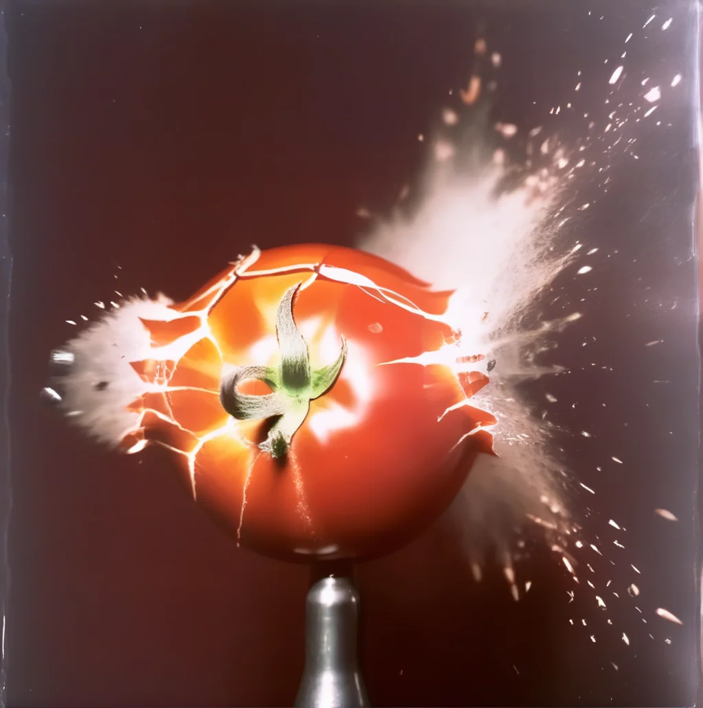 motioshot a bullet from a gun bursts a tomatol high-speed photography, cinematic, darkness <lora:motioshot:1>