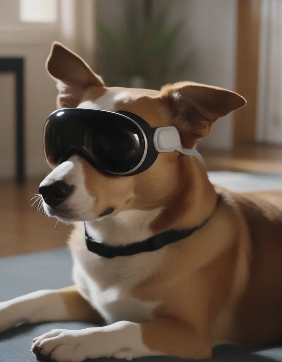 a dog wearing vsnz headset <lora:AppleVisionProDoguXL_vsnz:1>
