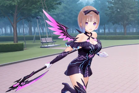 1girl, solo, breasts, looking at viewer, smile, short hair, light brown hair, thighhighs, gloves, dress, medium breasts, purple eyes,  boots, Hoshizaki Ao, Reflector outfit, park, tree, park <lora:Hoshizaki_Ao_Blue_Reflection_Pony:1>, navy blue hair bow, pink heart accessories on chocker, strap dress, bare shoulders, off shoulder navy blue frill gown, tartan elbow gloves, tartan pattern on chest, white gloves, cleavage, cowboy shot, <lora:Hoshizaki_Ao_Blue_Reflection_Illus:1> only one little wing, open mouth, (holding scythe), young adult body, full body, fighting stance, high heels, swing scythe