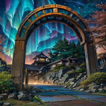 In the heart of a pulsating metropolis, alive with energy, Back to Future Clock Tower Struck by Lightning, Traditional Japanese garden,Tranquil harmony, Aurora borealis dance,Celestial lights painting the polar sky, Sailing into the sunset on a magical journey across the seas. <lora:Background_Detail_v3:1> <lora:Detailed_Places_R-128_v1:1> <lora:detail_slider_v4:1>, (inked-original-art:1.2) (lineart:1.31) (fine-details:1.3) limited-palette <lora:add_detail:0.5> <lora:realistic:.4> <lora:GoodHands-beta2:0.8>,
