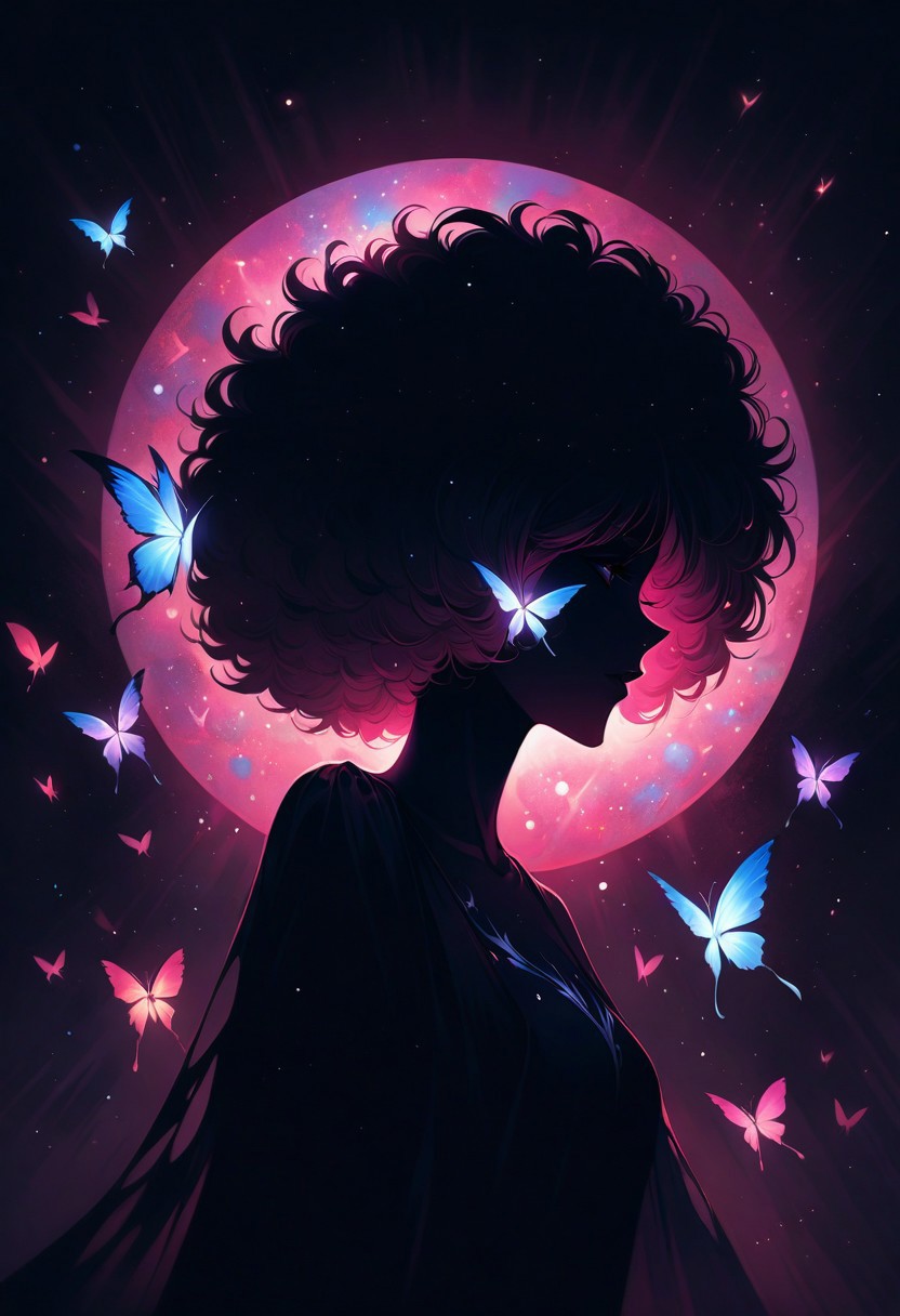 (graphic novel style, dark novel style, comic style, 2d:1.5), (hyperrealism, masterpiece:1.4), (colourful, soft cinematic light:1.1), incredibly lifelike, Extremely high-resolution details, 8k, best quality,extremely detailed, colorful,
African woman, afro hair, full body, <lora:flame silhouette:1>, <lora:flame:1>, <lora:copax magician:1>, mutli colored butterflies flying around, blooming flowers, hidden face, illuminated silhouette,