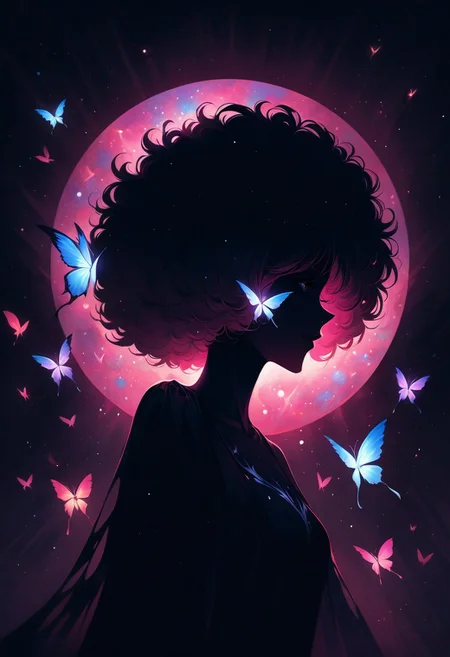 (graphic novel style, dark novel style, comic style, 2d:1.5), (hyperrealism, masterpiece:1.4), (colourful, soft cinematic light:1.1), incredibly lifelike, Extremely high-resolution details, 8k, best quality,extremely detailed, colorful,
African woman, afro hair, full body, <lora:flame silhouette:1>, <lora:flame:1>, <lora:copax magician:1>, mutli colored butterflies flying around, blooming flowers, hidden face, illuminated silhouette,