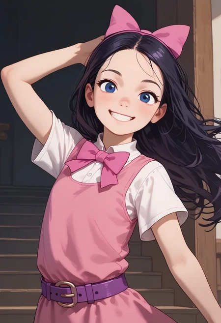 score_9, score_8_up, score_7_up IsaPF, 1girl, long black hair, dark blue eyes, pink bow, sleeveless pink dress, purple belt, round purple buckle, short-sleeved white shirt, smile, looking at viewer, turned head, dynamic pose,