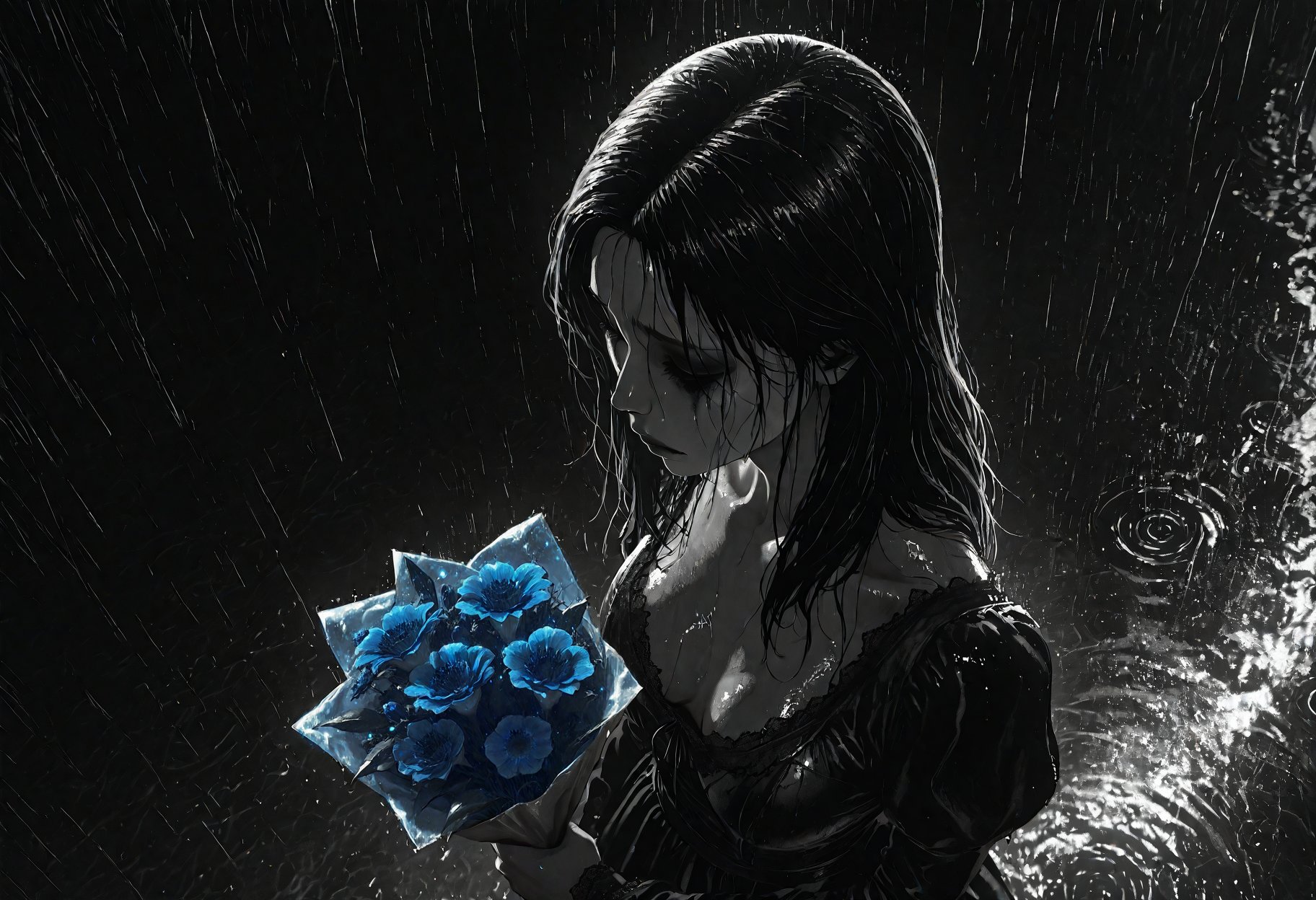 masterpiece, best quality, good quality, newest, highres, cinematic, volume light, greyscale, horror, from above,
1girl, (hair side:1.2), (semi-boxing hair:1.1), medium hair,  gothic dress, sad, blured makeup,
bouquet (blue:1.3) flower in hand,
rain, night street background, blured background,
<lora:dark-moody-ill:0.5>,, <lora:Hand_XL:0.20>,  <lora:add-detail-xl:0.5>,  <lora:glowing_and_light_particles_sd3.5:0.35>, <lora:Aura_r1:0.5>,  <lora:Junji_Hybrid_Horror_Illu_Edition:1>,