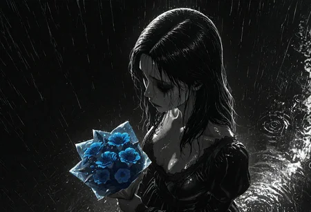 masterpiece, best quality, good quality, newest, highres, cinematic, volume light, greyscale, horror, from above,
1girl, (hair side:1.2), (semi-boxing hair:1.1), medium hair, gothic dress, sad, blured makeup,
bouquet (blue:1.3) flower in hand,
rain, night street background, blured background,
<lora:dark-moody-ill:0.5>,, <lora:Hand_XL:0.20>, <lora:add-detail-xl:0.5>, <lora:glowing_and_light_particles_sd3.5:0.35>, <lora:Aura_r1:0.5>, <lora:Junji_Hybrid_Horror_Illu_Edition:1>,