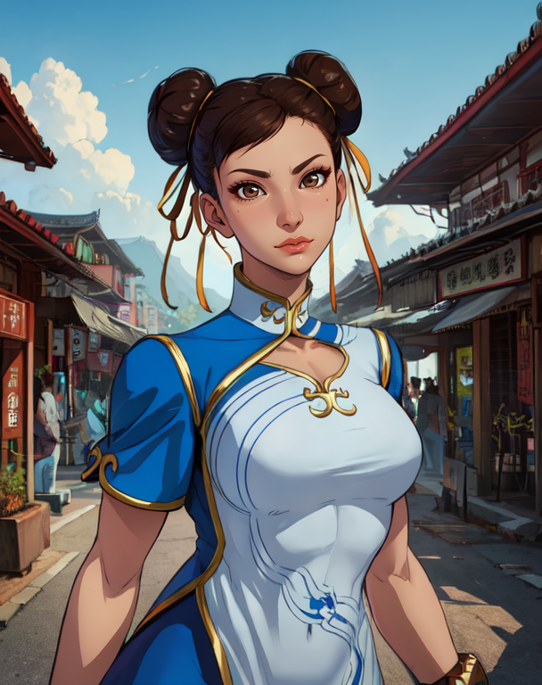 chun li, brown hair, brown eyes,  double bun,  hair ribbon,  
white dress, pelvic curtain,  blue pants, bangles, 
 upper body,    s
china town, morning,  temple,  
(insanely detailed, beautiful detailed face,beautiful detailed eyes, masterpiece, best quality) , solo,
<lora:chunliSF6Default-10:0.8>