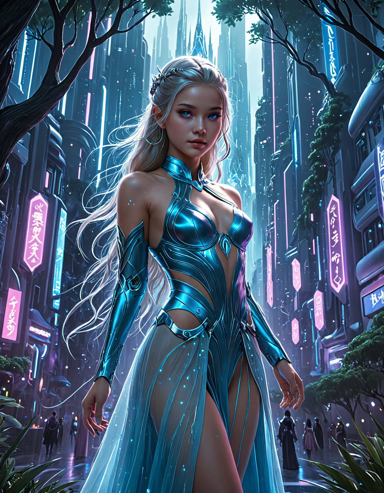 ethereal fantasy concept art of  a futuristic city with neon lights and trees in the foreground [11],soft cinematic lighting,ultra detailed,<lora:Mitsu-Cyberpunk:1>,Ai-Mitsu,cyberpunk art,<lora:Princess-SDXL:1>,Charlie Bowater princess,realistic,hyper-detailed, . magnificent, celestial, ethereal, painterly, epic, majestic, magical, fantasy art, cover art, dreamy