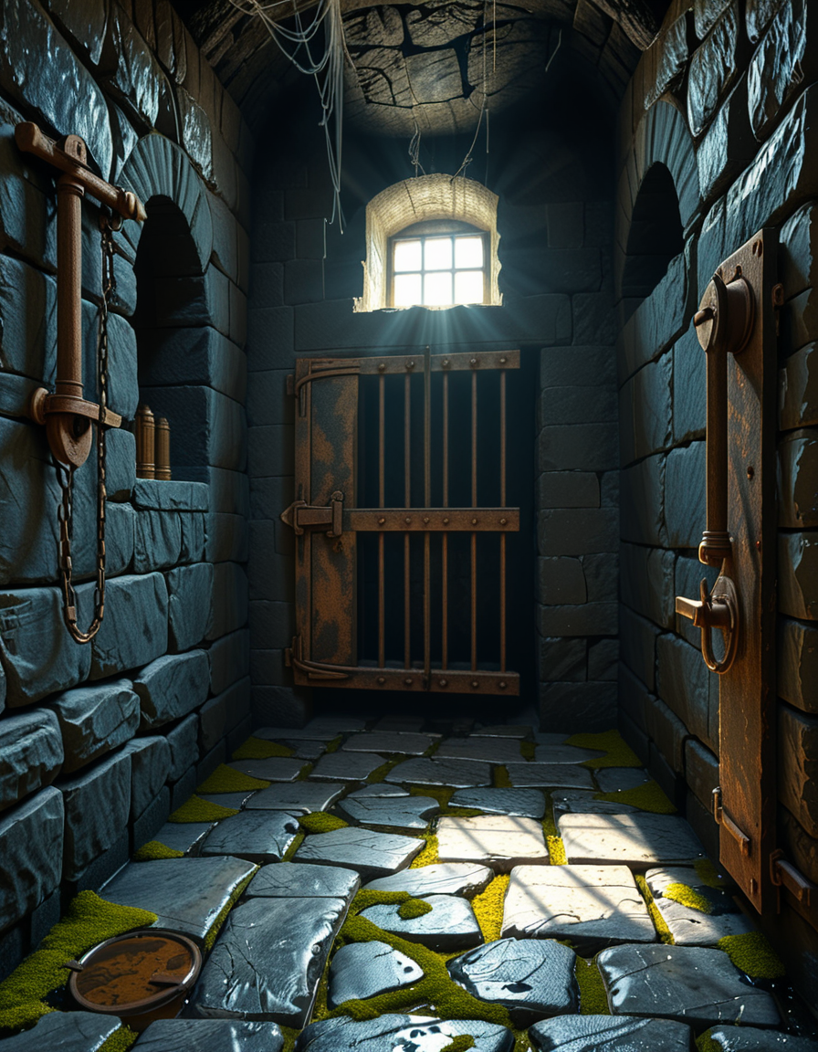 A highly detailed, hyper-realistic photograph of a dark medieval dungeon prison cell. The scene is dimly lit by a single flickering torch mounted on a damp stone wall, casting eerie shadows across the rough, moss-covered stones. Heavy, rusted iron bars form the cell door, slightly ajar, with visible corrosion and ancient padlocks. Inside the cell, there is a straw-covered floor, old wooden buckets, and a crude, splintered wooden bench against the back wall. Chains and manacles hang loosely from the walls, showing signs of long-term use. The atmosphere is cold, humid, and oppressive, with faint light rays piercing through tiny cracks in the stone ceiling. Cobwebs stretch across the corners of the cell, and faint water drips from above, creating small puddles. The overall mood is grim, desolate, and foreboding. Photorealistic style, with high dynamic range (HDR) lighting and extreme attention to textures like rust, moisture, and decay.
<lora:SDXLFaeTastic2400:0.4> <lora:extremely_detailed:0.4> extremely detailed,<lora:medieval_dungeon_pr1s0n_c3ll:1>,medieval dungeon pr1s0n c3ll, Masterpiece,best quality,hi res,8k,hi res,8k,award winning,(sharp focus, intricate, highly detailed),