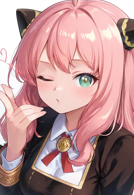 masterpiece, best quality, 1girl, solo, eyelashes, (beautiful eyes),     zzAnya, looking at viewer, blush, simple background, shirt, long sleeves, white background, dress, ribbon, school uniform, white shirt, heart, parted lips, one eye closed, collared shirt, hand up, black dress, neck ribbon, gold trim, ;o, puckered lips, blowing kiss, eden academy school uniform  ,<lora:AdultAnyaIXL:1.0>, ,<lora:SnappyStyle_IXL:1.0>,