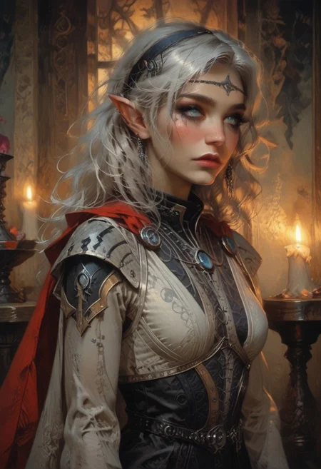 score_9, score_8_up, score_7_up, ((waist-up portrait, kneeling, face focus, eye focus, dynamic angle, motion)), 1girl, fantasy, (ph4nt0m01l), (Tarot Card Style), <lora:BGIsobel:1.0>, (BGIsobel, 1girl, white hair, pointy ears, make up), (isobelArmor), lace, cape, breathless intimacy, tanned skin, petite model bombshell, heart, young, delicate features, narrow pointy nose, tiny nose, white hair, lust, big eyes, seductive eyes, blue eyes, detailed skin, flared lashes, mascara, makeup, perky medium breasts, athletic body, narrow waist, skinny hips,
warm light, detailed, neon dark party, candles, ((occult))
 BREAK
milky way, runes, arcane, astral, surreal, ethereal glow, masterpiece, best quality, intricate design. colorful, moonlit nightsky, stained glass aesthetic, moody whimsical color palette, murano glass, bold soldering lines, volumetric light shining through, crepuscular rays, intricate craftsmanship, detailed texture, luminous transparency, reflective light play, vivid hues, atmospheric depth, enchanting silhouette, art nouveau,