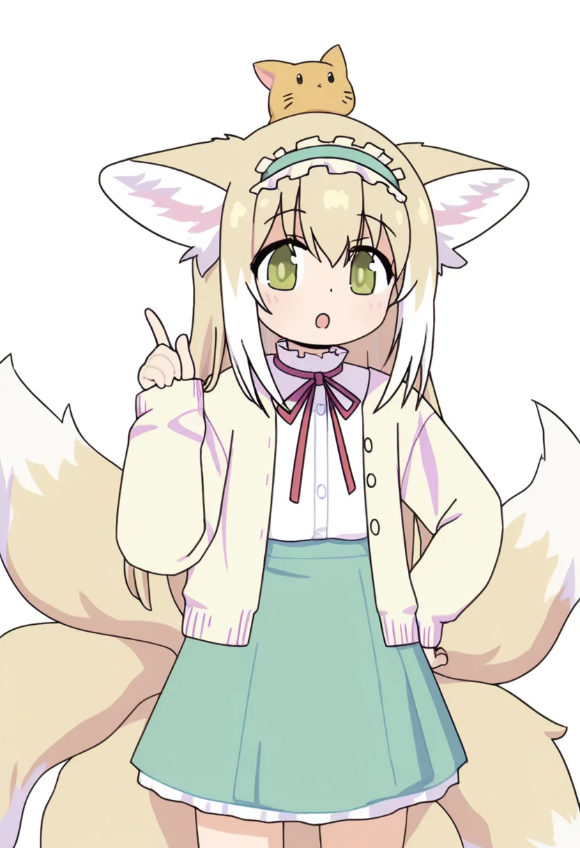 suzuran \(arknights\), 1girl, :o, animal ears, blonde hair, cardigan, creature, creature on head, frilled hairband, frills, green eyes, green hairband, green skirt, hair between eyes, hairband, hand on own hip, index finger raised, long hair, looking at viewer, meme, multicolored hair, multiple tails, neck ribbon, official alternate costume, open cardigan, open clothes, open mouth, red ribbon, ribbon, simple background, skirt, sleeves past wrists, solo, standing, streaked hair, tail, uohhhhhhhhh! \(meme\), white background, white hair, white tail, yellow cardigan, yellow tail
masterpiece,best quality,high definition,ultra-detailed,<lora:onii_chan:1>, on an,