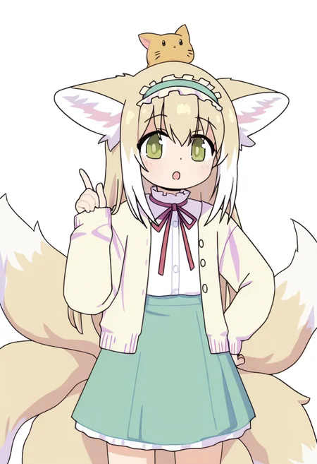 suzuran \(arknights\), 1girl, :o, animal ears, blonde hair, cardigan, creature, creature on head, frilled hairband, frills, green eyes, green hairband, green skirt, hair between eyes, hairband, hand on own hip, index finger raised, long hair, looking at viewer, meme, multicolored hair, multiple tails, neck ribbon, official alternate costume, open cardigan, open clothes, open mouth, red ribbon, ribbon, simple background, skirt, sleeves past wrists, solo, standing, streaked hair, tail, uohhhhhhhhh! \(meme\), white background, white hair, white tail, yellow cardigan, yellow tail
masterpiece,best quality,high definition,ultra-detailed,<lora:onii_chan:1>, on an,