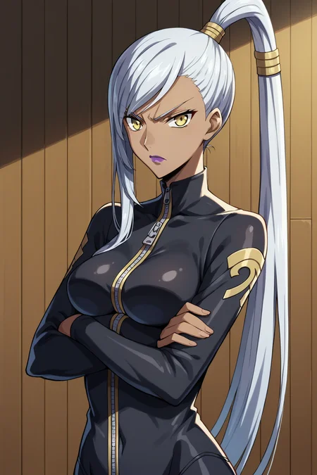 score_9, score_8_up, score_7_up, source_anime, 1girl, prefect lighting, very aesthetic, intricate details, highly detailed background, masterpiece, high quality, prefect hands, best quality, solo,
<lora:Villetta_Nu_Code_Geass_V1:.85>, KJOVilletta, white hair, yellow eyes, long hair, high ponytail, dark skin, purple lipstick, 
Full black bodysuit, zipper, 
crossed arms, serious, angry, 
room, wooden wall, wooden floor,
(Beautiful, medium Breasts:1.2), natural breasts,
