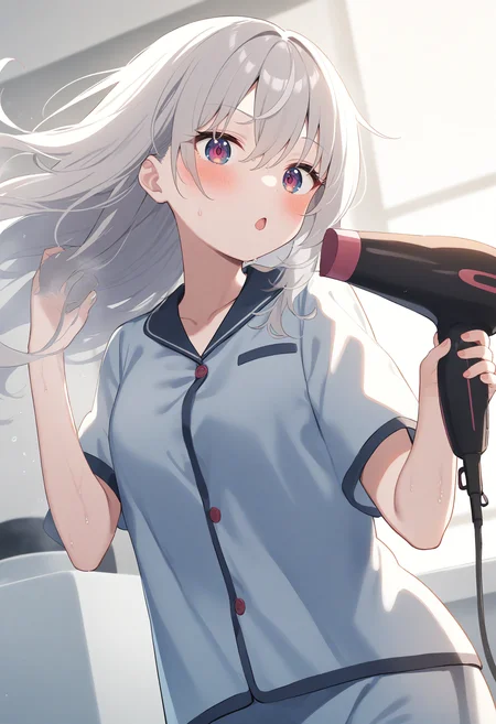 1girl,sincos, ningen mame, toosaka asagi,solo,medium breasts,
hair dryer,drying hair,pajamas, wet hair ,floating hair,wind, after bathing,hand in own hair ,indoors,<lora:dryer_XL_v1:0.8>
from below, panorama shot, looking to the side, silver hair, red eyes,blush, open mouth,hair down,
best quality, very aesthetic, absurdres