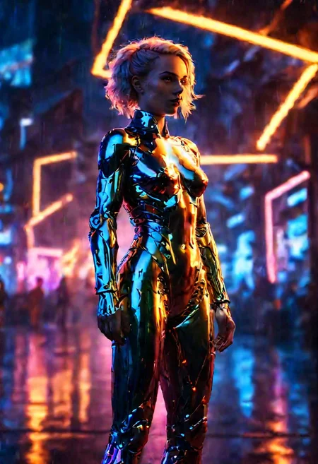 young woman standing on a futuristic street, (raining:2.0), car lights can be seen in the background, super sexy mechanical leotard, midriff, beautiful ass, surrounded by neon colors, 3/4 turned to side, <lora:sdxl_lightning_8step_lora:1>, (photorealistic:1.2), (intricate and beautiful:1.8), interesting setting:2, cute fit 18 year old, girl, young, giant breasts, facing side, (masterpiece, best quality, highres:1.2), <lora:CyborgCosplay_SDXL:1> , CyborgCosplay, mechanical arms, mechanical legs, head gear, futuristic, technological, cybernetic enhancements, Cosmic light in backfront, omnipotent, color graded cinematic, backlight:2, hair light:2, <lora:SDXLFaeTastic2400:0.35> , vibrant whimsical colors, whimsical fantasy, cinematic composition:2, <lora:great_lighting:3> , great lighting,
