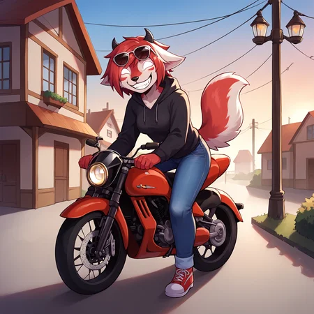score_9, score_8_up, score_7_up, score_6_up, score_5_up, score_4_up, source_anime, furry, canine, detailed background, town in background, ,soft lighting,full body view, detailed fluffy fur, riding motorcycle, motorcycle,
BREAK
1girl, solo, smileycindy, grinion, horns, canid demon, (no pupils, white eyes:1.1), white fur, happy, smile, teeth, red hair , looking at viewer, , breasts, tail, breast, , ,<lora:Smiley_Cindy-000009:0.9>
BREAK
casual clothing, hoodie, jeans, sunglasses on head,
BREAK
<lora:Smooth Anime 2 Style SDXL_LoRA_Pony Diffusion V6 XL:0.65>