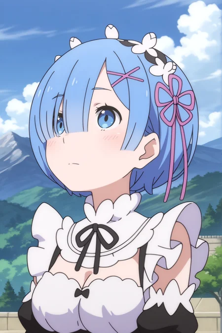 <lora:Rem:0.8> rem (re:zero), 1girl, roswaal mansion maid uniform, blue hair, blue eyes, white flower hair ornament, pink x-shaped hair clip, pink ribbon hair ornament, neutral expression, black bow tie, scalloped white collar, white frilled dress, black dress with white trim, purple dress accents, upper body, outdoors, side view, blue sky, white clouds, green trees, mountain background, detailed face, looking up, white flower crown with cross designs, light blush