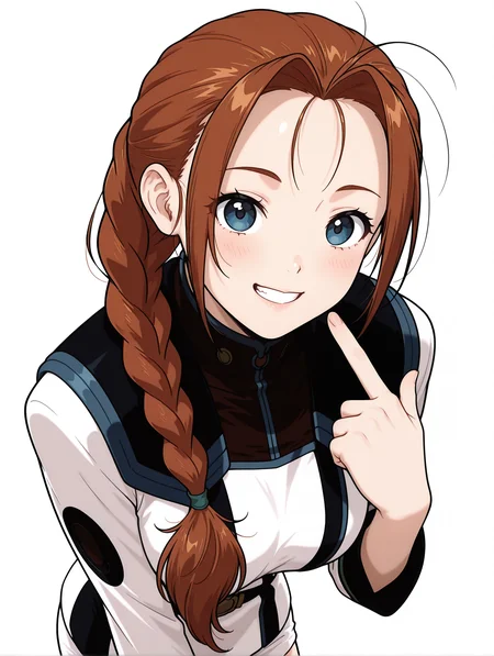 masterpiece,best quality,newest,
1girl,solo,
<lora:Livi_Donen_ilxl_v1.2:1>,Livi,antenna hair,brown hair,blue eyes,single braid,L_clothes,pencil_skirt,
<lora:Fixhands_anime_bdsqlsz_V1:1>,looking_at_viewer,white_background,simple_background,dynamic_angle,cinematic_angle,light_blush,cowboy_shot,grin,pointing at viewer,