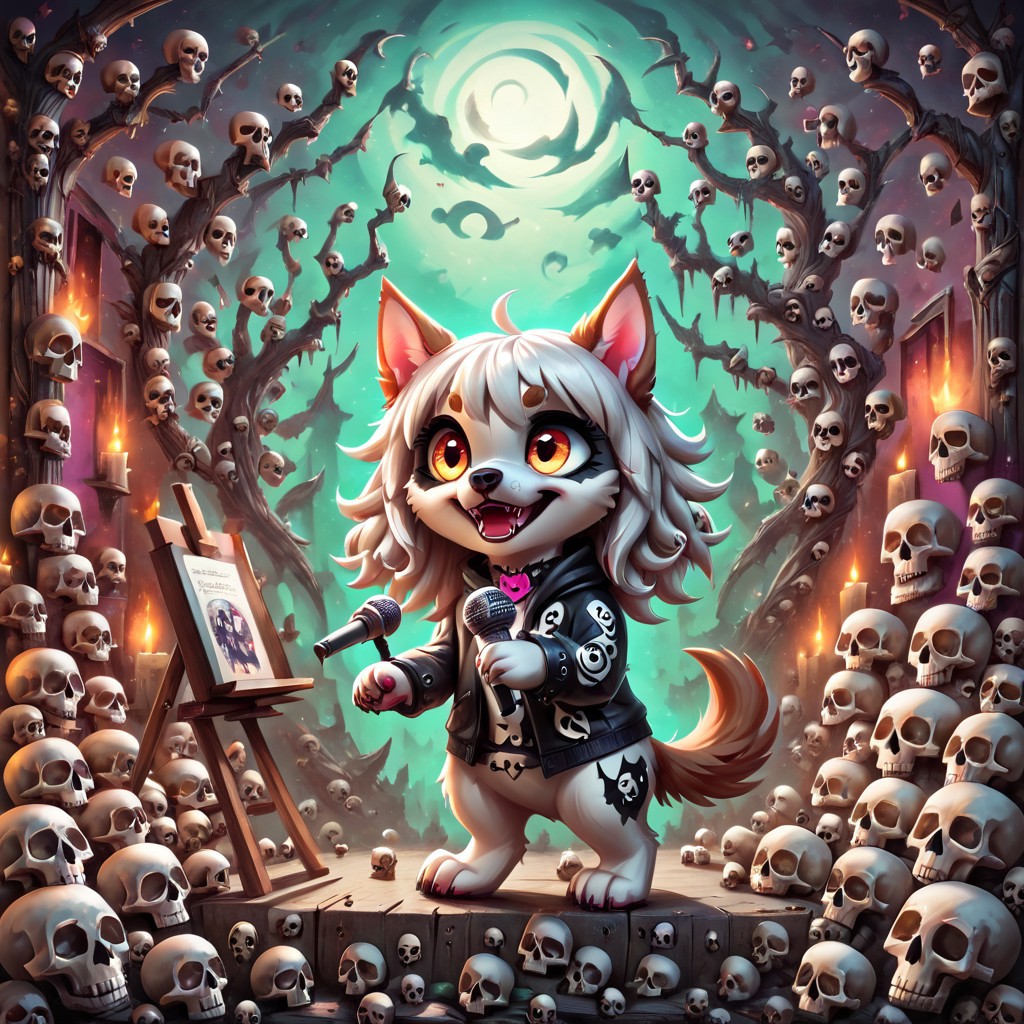 dog girl dressed in an elaborate collection of skulls covering her in a majestic way holding microphone, music studio, painting of cute skulls, pg safe