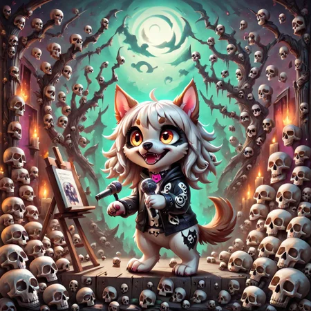 dog girl dressed in an elaborate collection of skulls covering her in a majestic way holding microphone, music studio, painting of cute skulls, pg safe