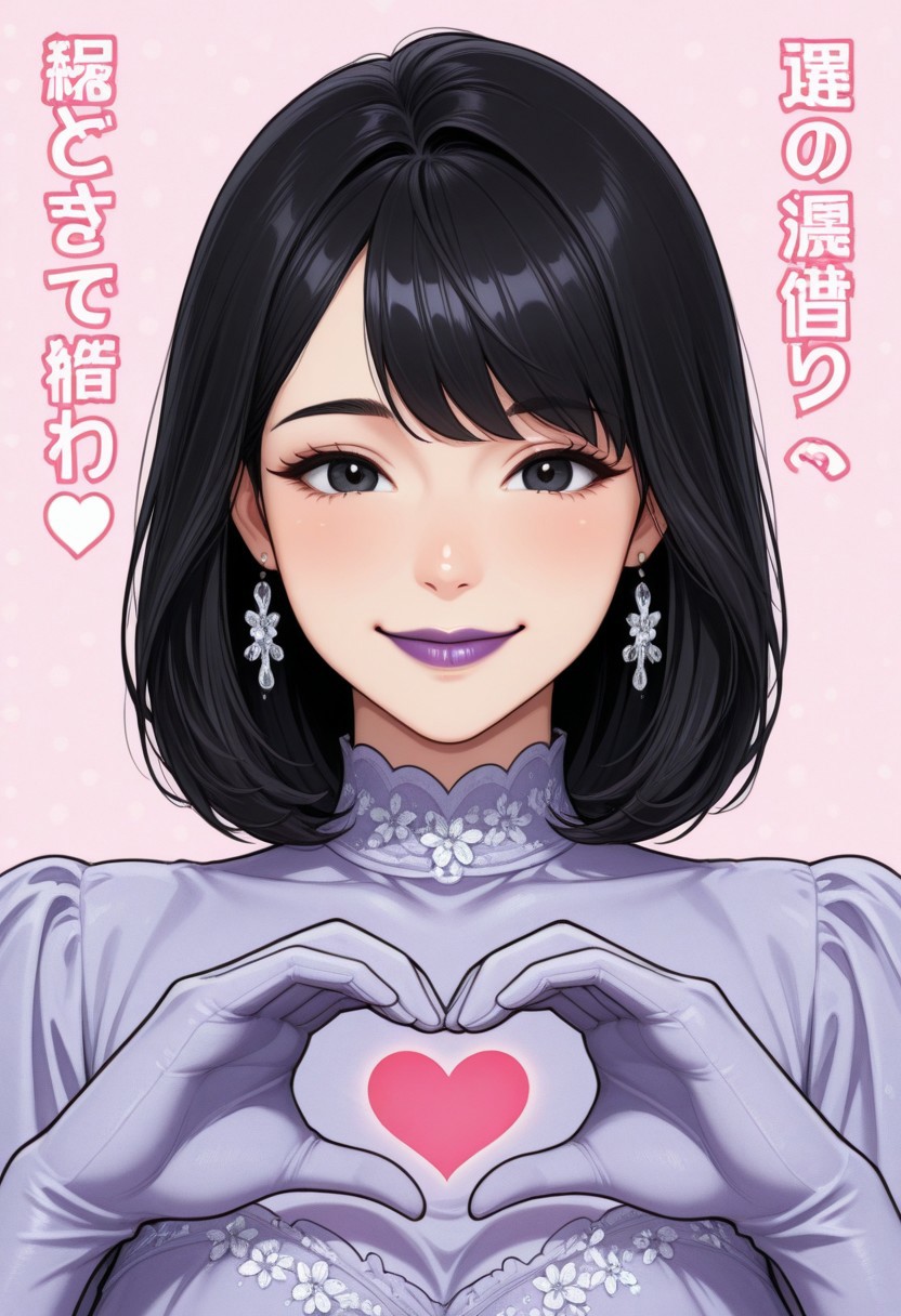 1girl, solo, medium build, medium hair, sfw, safe for work, covered skin, flowy dress, black eyes, purple lipgloss, smiling, portrait, upper body, doujin cover, heart hands, japanese text, gojich
