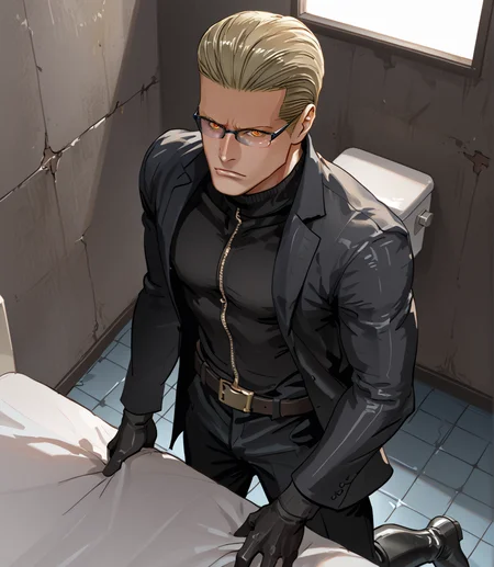 PonyScores7, source_anime, ah1,  <lora:natsumi_style:1>, BREAK <lora:albertwesker-guy-PONYv1:0.8> albertwesker, 1boy, blonde, black gloves, (sunglasses:1.3), belt, black coat, black pants, looking at viewer, toned, athletic, fit, slicked back hair, black turtleneck, zipper, mature male, short hair, black boots, (corrupt event planner, professional attire with a schedule of rigged events), (futuristic prison, Detention Cell, Stark chamber with concrete walls, a narrow bed with thin mattress, a metal toilet, a small barred window high up, a flickering fluorescent light, a surveillance camera in the corner), ((Trembling, Horrified, cry, tears expression)), (focused, intense glare, apatethic, contemptuous), (reddish orange eyes, slit pupils), (angular face, sharp_featured face), handsome, charming, alluring, BREAK <lora:xl_more_art-full_v1:0.2>, <lora:shinyskin2:0.2> glistening skin, <lora:aesthetic_anime_v1s:0.2>, <lora:Expressive_H:0.2> Expressiveh, <lora:hairdetailpxl:0.2> hairdetailpxl, <lora:EpicF4nta5yXL:0.2>, <lora:detailxl:0.2> detailxl, <lora:Fant5yP0ny:0.2>, best quality, amazing quality, best aesthetic, absurdres, <lora:expressive eyes:0.2> expressive eyes, <lora:eyedetailpxl:0.2> eyedetailpxl, illustration, Volumetric_Lighting, ultra-detailed, very aesthetic, intricate details, 8k, masterpiece, best_quality, BREAK (Eye-level angle view medium Close shot (focus on feet)), BREAK <lora:Eyes_High_Definition:0.3> EyesHD, Stable_Yogis_PDXL_Positives, AS-Adult, <lora:Complicated fantasy portrait - XL Pony V2.0:0.4>, bad-hands-5, AS-MidAged,