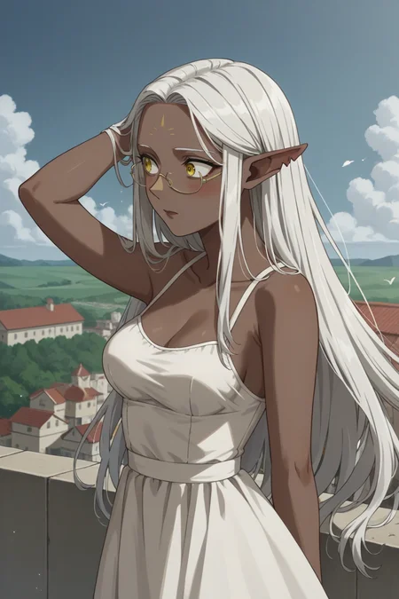 score_9, score_8_up, score_7_up, source_anime, 1girl, prefect lighting, very aesthetic, intricate details, highly detailed background, masterpiece, high quality, prefect hands, best quality, solo,
<lora:Cithis_Dungeon_Meshi_V4:.85>, KJOcithis, yellow eyes, dark elf, pointy ears, elf, forehead mark, dark skin, white hair, long hair, notched ear,
white sundress, bare shoulders, expressionless, looking to the side, blush, embarrassed, glasses,
adjusting hair, wind,
rooftop,
(Beautiful, medium Breasts:1.2), natural breasts,