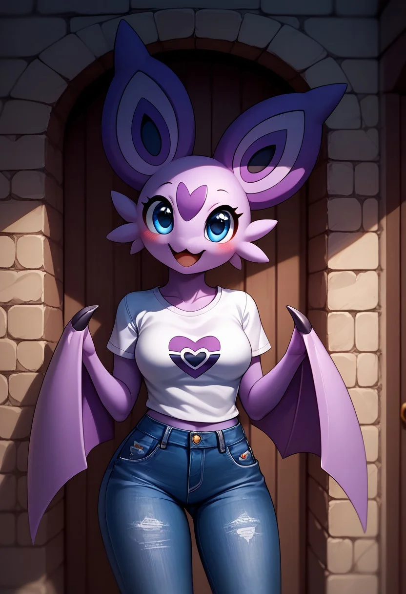 score_8_up, score_7_up, score_6_up, source_anime,, rating_explicit, BREAK solo, mouth, ,smile , medium breasts ,female, ,cute,anthro, ,,,cute ,cute head,,pokemon (creature),,1girl, breasts, , breasts, ,,cute,,mouth,,park,,anthro,form anthro,,happy, , EyesHD, blue eyes, noibat,,hands,legs,purple body, , body,,very purple body,wings,tee-shirt,jeans,clothes