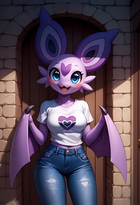 score_8_up, score_7_up, score_6_up, source_anime,, rating_explicit, BREAK solo, mouth, ,smile , medium breasts ,female, ,cute,anthro, ,,,cute ,cute head,,pokemon (creature),,1girl, breasts, , breasts, ,,cute,,mouth,,park,,anthro,form anthro,,happy, , EyesHD, blue eyes, noibat,,hands,legs,purple body, , body,,very purple body,wings,tee-shirt,jeans,clothes