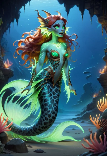 Draw a feminine  bioluminescent siren With copper hair, Brightly coloured long finger nails, fangs, bohemian horror, leopard spots, translucent dress, muscular arms, fins,benthic merfolk,glow