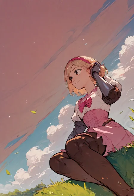score_9, score_8_up, score_7_up, score_6_up, score_5_up, score_4_up, source_anime, 1girl, solo, djeetadef, pink hairband, dress, puffy sleeves, gauntlets, brown thighhighs, thigh boots, smile, adjusting hair, looking forward, sky, sitting on lawn, landscape, from below