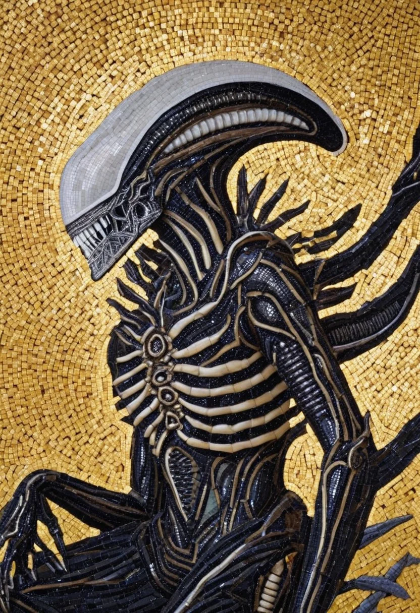 photograph, solo, xenomorph as a divine saint, mosaic, renaissance, religious mosaic,