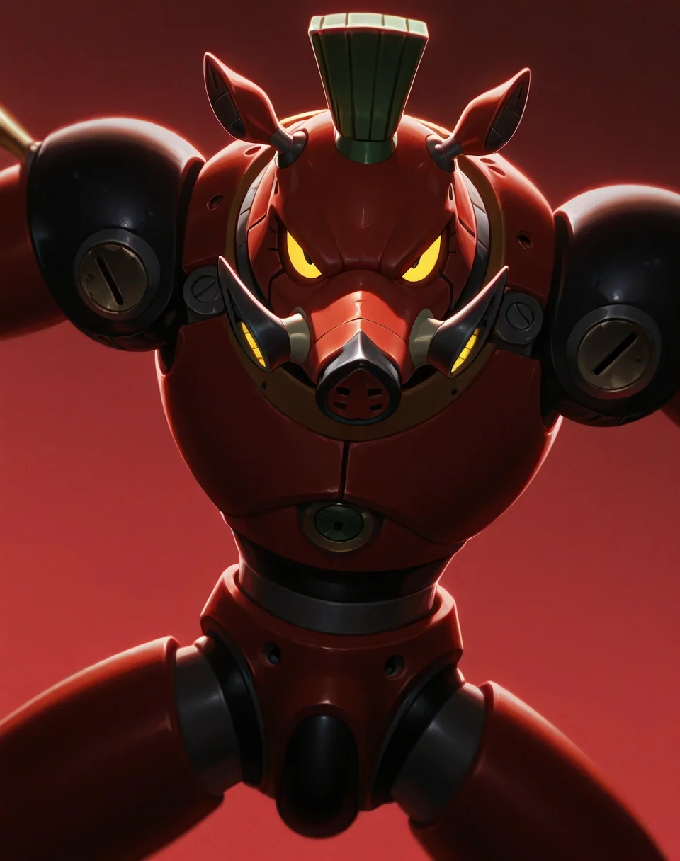 BREAK: very awe, aesthetically pleasing, masterpiece, best quality, absurd details, in'ei, natural shadows, soft shadows, flat color shadows, dramatic light sources, high contrast, source_anime, masterclass_anime, bright vivid colors,
exterior, 
BREAK:
<lora:RideBoarski_(Megaman)_(Illustrious)_(AD):1> RideBoarski, robot, boar, 
dutch angle, solo, ((dynamic action, dynamic expression, ):1.35),  cowboy shot, ((       ):1.5),
((
overwhelmingly powerful, dominating presence, no humans, solo, male focus, red body
)),
BREAK: lazypos,