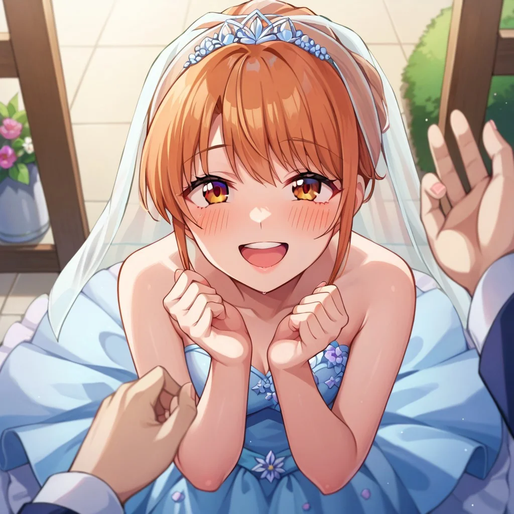 score_9, score_8, score_7, source_anime, wedding dress, POV, looking at viewer, blush, smile, open mouth, upper teeth only
