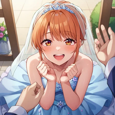 score_9, score_8, score_7, source_anime, wedding dress, POV, looking at viewer, blush, smile, open mouth, upper teeth only