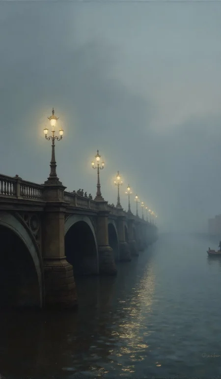 A dramatic oil painting of a fog-covered London bridge at dusk, capturing the atmosphere of J.M.W. Turner's work. Lanterns glow dimly along the bridge, their light softened by thick mist. Figures and carriages are faintly visible, blurred into the gray haze, as the river reflects the fading twilight in muted shades of blue and gray.