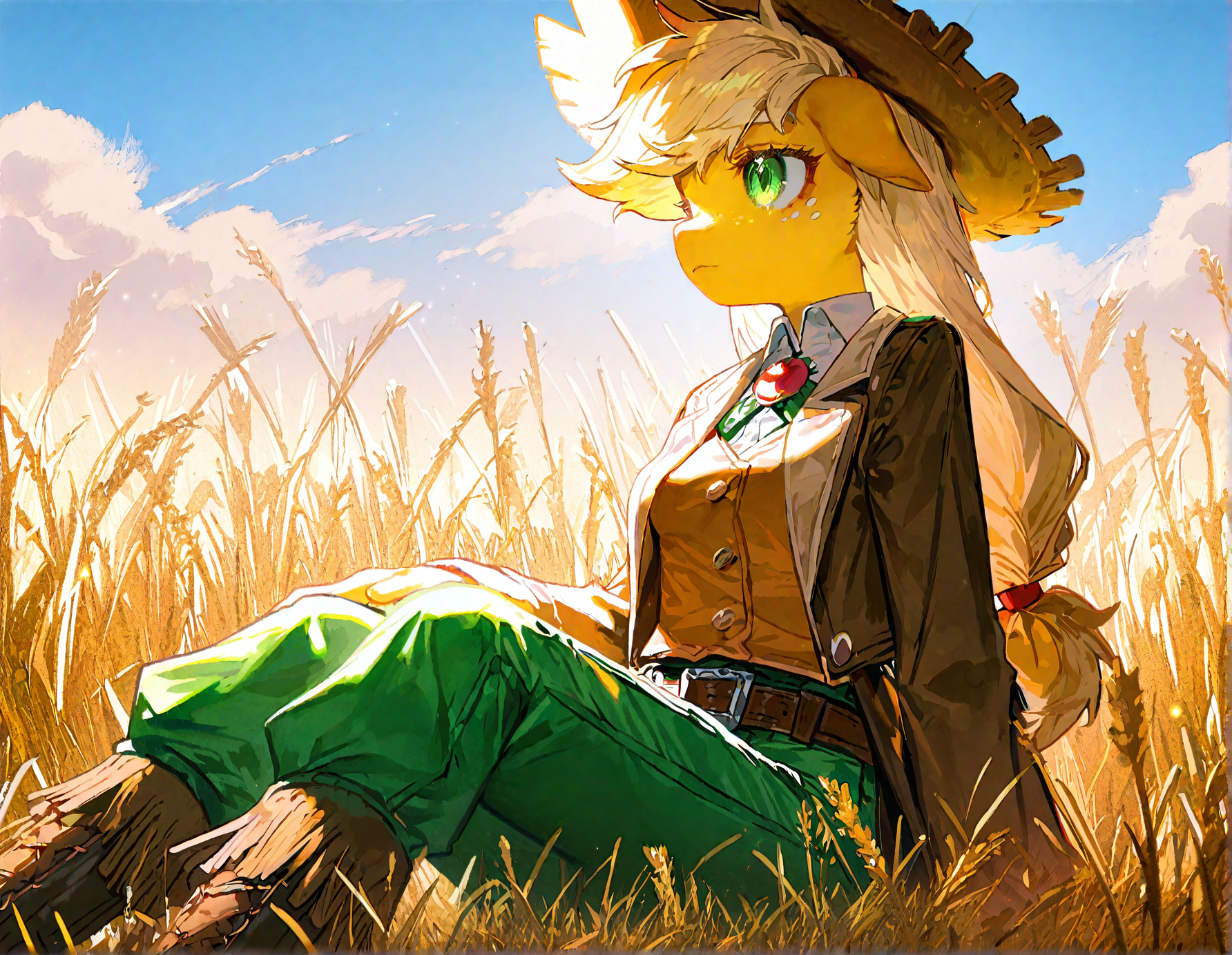 applejack , 1girl, blonde_hair , cloud ,colored_skin, furry, furry_female, long_hair,orange_skin ,outdoors, personification , solo, , wheat_field,Straw ,dot_nose, freckles, green_eyes , medium breast,
green_pants, jacket,long_hair, official_alternate_costume, open_jacket, pants, single_braid, yellow_shirt,adapted_costume , braid ,brooch ,brown_belt, brown_hat, brown_jacket, buttons, cowboy_hat ,detached_collar, knee_boots,  windy, sitting,
rella, rolua,  quasarcake:0.8, negative space,  very awa,
masterpiece, best quality, Good quality, very aesthetic, absurdres, newest, (Perfect details),
<lora:ponyv5_noobV065S_1_adamW:0.8>, <lora:illustrious_noobai_epsilon_pred_1_best_quality_v1:0.7> ,<lora:illustrious_noobai_epsilon_pred_11_very_aesthetic_v1:0.7> ,<lora:illustrious_noobai_epsilon_pred_1_masterpieces_v1:0.7> , <lora:Straw_thread:1>