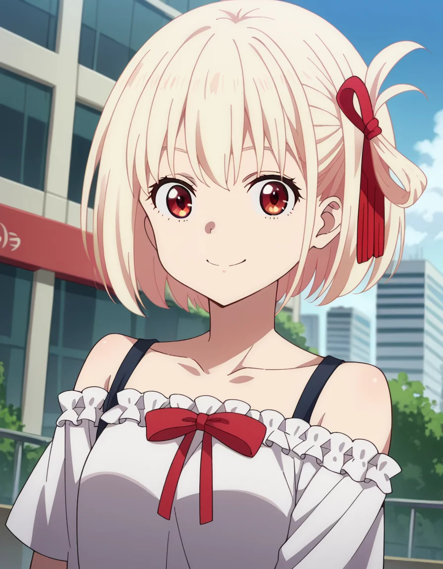 score_9, score_8_up, score_7_up, source_anime,
chisatonishikigi, <lora:chisato-nishikigi-s1-ponyxl-lora-nochekaiser:1>,
chisato nishikigi, short hair, bangs, blonde hair, red eyes, hair ribbon, one side up, bob cut,
shirt, bare shoulders, twintails, collarbone, hair ribbon, white shirt, frills, off shoulder, red ribbon, short twintails, off-shoulder shirt, frilled shirt,
outdoors, cityscape, smile,
looking at viewer, dutch angle, cowboy shot,