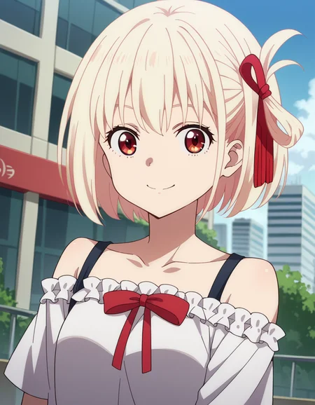 score_9, score_8_up, score_7_up, source_anime,
chisatonishikigi, <lora:chisato-nishikigi-s1-ponyxl-lora-nochekaiser:1>,
chisato nishikigi, short hair, bangs, blonde hair, red eyes, hair ribbon, one side up, bob cut,
shirt, bare shoulders, twintails, collarbone, hair ribbon, white shirt, frills, off shoulder, red ribbon, short twintails, off-shoulder shirt, frilled shirt,
outdoors, cityscape, smile,
looking at viewer, dutch angle, cowboy shot,
